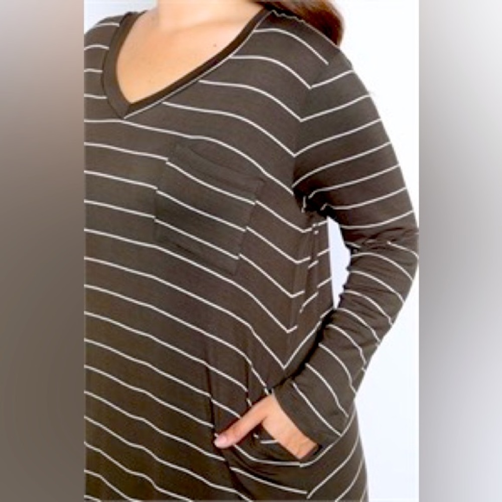 Brand New Olive Ivory Stripes V-Neckline With Pocket Long Sleeve Shirt Dress👗 - Picture 2 of 5